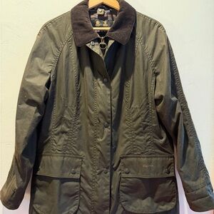 Barbour Dark Olive Green Waxed Utility Jacket with Brown Corduroy Collar